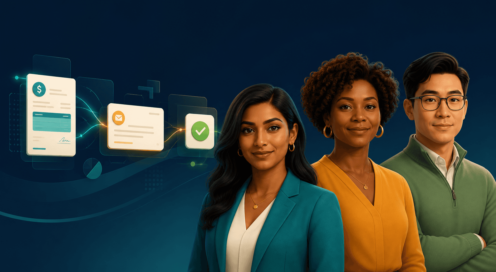 Illustrated CollectIQ AI agent team: Ivy, Nora, and Riley